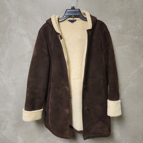 Land's End Women's Faux Suede Shearling Sherpa Lined Hooded Coat Size M - Picture 7 of 12